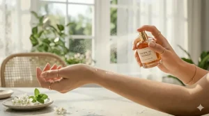 A woman in a summer dress spraying a tropical mango fragrance onto her wrist.