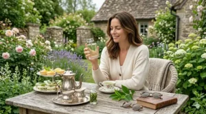 A sophisticated woman enjoying afternoon tea in a sun-drenched English cottage garden, holding a bottle of green tea fragrance.