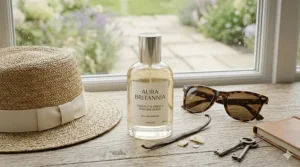 A sophisticated lifestyle flatlay featuring a bottle of coconut and vanilla perfume alongside a straw sun hat and sunglasses, evoking a British summer holiday.