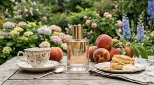 A bottle of peach eau de toilette on a garden table, evoking a classic British summer afternoon tea vibe.