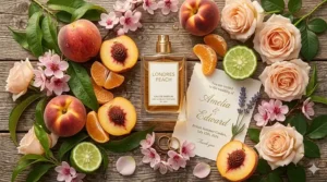 A flat lay featuring a classic British summer wedding invitation, gold rings, a lavender sprig, and sliced juicy peaches and roses, perfect for a wedding guest fragrance.