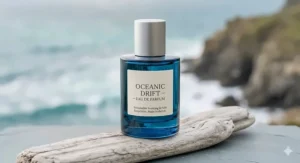 An elegant, recyclable blue glass atomiser bottle reflecting sustainable UK beauty standards for fresh fragrances.