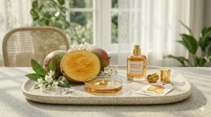 A visual representation of the scent profile, balancing sweet mango with citrus notes for women.