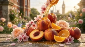 An abstract sensory depiction showing golden, juicy peach nectar and sweet aroma mist dripping elegantly over a cascade of ripe fruit and pink roses.