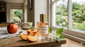 Close-up illustration of juicy peach and nectarine slices, highlighting the top notes of a fruity fragrance.