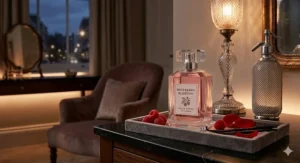 A bottle of raspberry perfume glowing under warm ambient light, suggesting a sweet and sophisticated evening scent.
