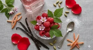 An artistic illustration showing top notes of ripe Scottish raspberries and citrus zest for a sweet women's fragrance.