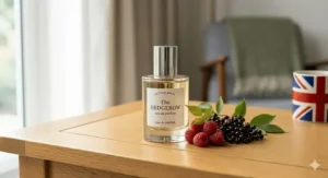 A photorealistic close-up of "The Hedgerow" berry perfume bottle in an elegant glass flacon, positioned next to fresh forest fruits on an oak table in natural light.