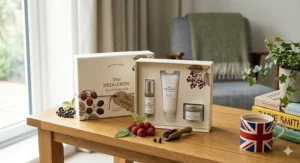 A compact travel-size berry fragrance kit featuring a rollerball perfume, miniature body lotion, and a small travel candle on an oak table.