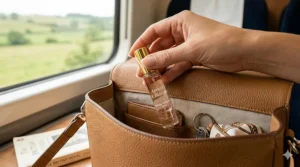 A small travel-sized peach fragrance spray tucked into a leather handbag, perfect for on-the-go freshness.
