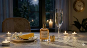 A sophisticated evening setting featuring a bottle of mango perfume next to a glass of sparkling wine.