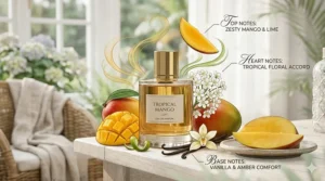 An infographic showing top notes of fresh mango and zesty lime for a tropical women's fragrance.