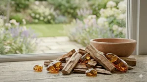 A collection of aromatic sandalwood chips and glowing golden amber resin pieces, highlighting the warm base notes of the scent.