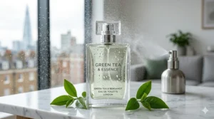 A sleek glass perfume bottle with fresh water droplets on the surface, highlighting the revitalising mist of a green tea scent.