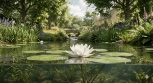 A detailed photorealistic view of a white water lily in a British pond, showing the petals above and the root system beneath the clear water.