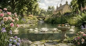Multiple white water lilies floating on a clear pond in front of a Cotswold-style stone cottage, representing a quintessential British floral aroma.