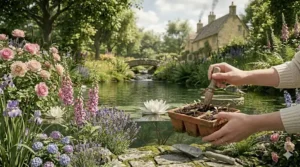 A gardener’s hands holding a terracotta seed tray against a backdrop of a lush British water garden, symbolising the growth of fresh floral notes.