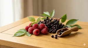 A detailed 4K close-up of fresh wild raspberries and Scottish elderberries on a wooden surface, representing the natural scent ingredients of the berry fragrance collection.