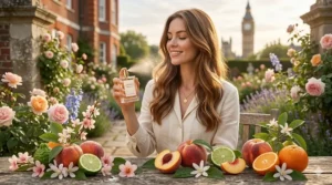A smiling young woman, with Big Ben in the blurred distance, standing in a sunlit London garden and spraying a juicy peach perfume for a fresh summer vibe.