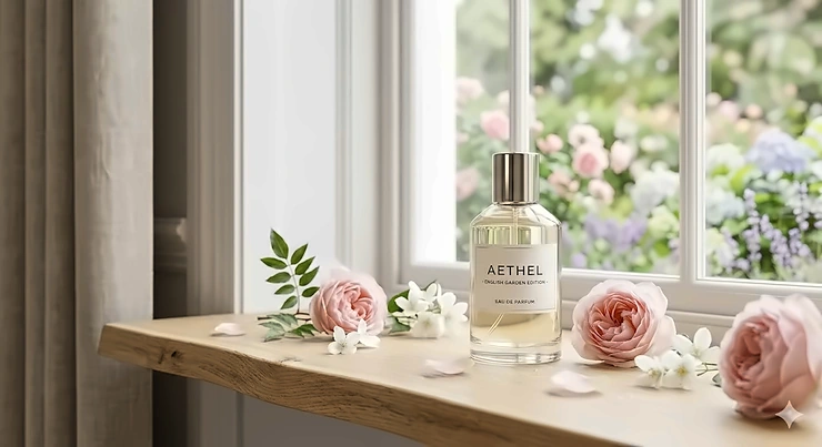 Aethel English Garden Edition floral perfume for women on an oak window sill with natural daylight, featuring roses and jasmine. floral perfume for women