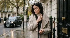 Alt text for image 6: A woman in a stylish woollen coat and tartan scarf applying perfume on a London street with a classic black taxi in the background.