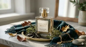 Alt text for image 9: A bottle of modern chypre perfume on a gold tray, styled with a blue tartan wool scarf and autumn leaves for the UK’s cooler months.