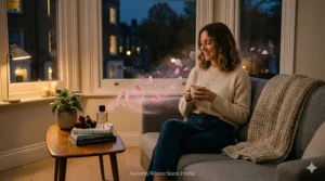 A cosy evening scene in a British living room with warm candlelight and a bottle of perfume, perfect for the autumn or winter season.