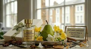 A photorealistic 4K detailed illustration focusing on warm amber tones, cinnamon sticks, and star anise nestled around a fresh green pear and freesia flowers for a cosy autumnal scent.