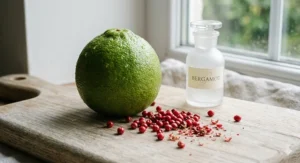 Alt text for image 2: A whole green bergamot fruit and a scattering of pink peppercorns on a rustic wooden board, representing the fresh opening of a chypre scent.