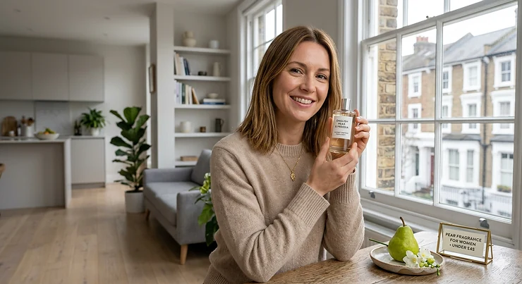 A selection of nine affordable pear fragrance bottles for women, all priced under £45, curated on a modern marble vanity in a bright UK home setting. pear fragrance women under £45