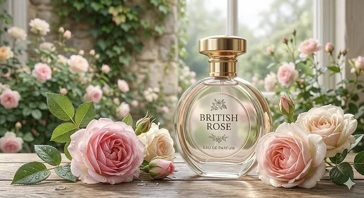 Alt text for image 1: A luxury perfume for women bottle titled Sand and Stone featuring coastal lavender and lime, set against a soft-focus English garden background with natural morning light. perfume for women