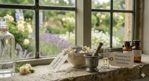 Traditional perfumery tools including a silver mortar and pestle used for blending light summer fragrance oils.