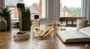 Alt text for image 4: A macro shot focusing on a handwritten apothecary journal detailing the base notes of a leather perfume, with raw labdanum and saffron in sharp focus.