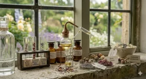 Detailed botanical study of rose petals and lavender seeds used as ingredients for a women's light summer perfume.