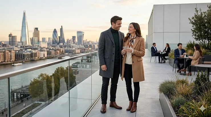 A woman in a classic waxed cotton jacket and orange scarf walking down a leaf-strewn forest path toward a stone cottage in the UK. leather perfume for autumn