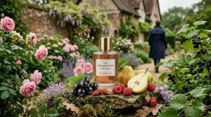 Stylised illustration of ripe nectarines and strawberries, key ingredients in a vibrant fruity chypre fragrance.