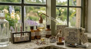 A collection of woody base ingredients including a scoop of resins and a block illustrated with a cedar tree stump.