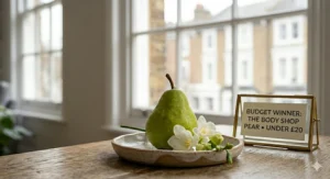 A photorealistic 4K close-up illustration of a small bottle of The Body Shop pear fragrance, a popular UK high street find under £20, nestled in a dish with freesia flowers.