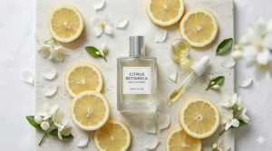 Flat lay illustration of a perfume bottle surrounded by sliced lemons and white jasmine petals, showcasing a citrus-based fresh clean perfume for women.