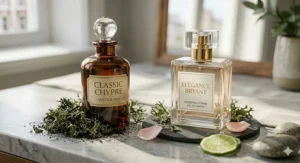 Alt text for image 7: A side-by-side comparison of a vintage 1920s amber glass perfume bottle and a sleek, contemporary clear glass fragrance.