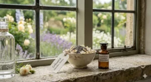 A ceramic bowl of dried lavender and flower petals beside an amber glass bottle labelled Cotswold Garden Blend.