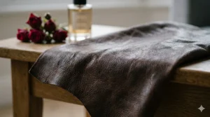 A textured dark brown leather swatch draped over a wooden table, illustrating the rich base notes of the perfume.