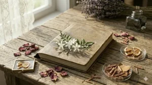A close-up shot of fresh white jasmine blossoms and scattered rose petals resting on a rustic, leather-bound volume on a wooden workbench.