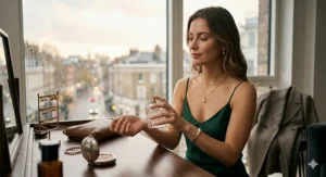 A glass bottle of elegant floral evening perfume for women placed on a velvet vanity tray with gold accents.