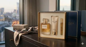 A luxury navy blue gift box containing an elegant evening perfume, body lotion, and travel spray for women, presented on a dark wood dressing table.