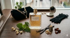 Deep amber and sandalwood ingredients surrounding a bottle of elegant evening perfume for women.