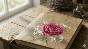A high-detail illustration of a deep pink English rose and white jasmine flowers embossed on a weathered leather book cover.