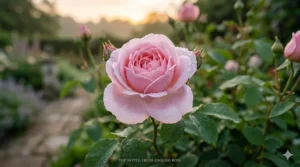 A close-up of a pink English rose covered in morning dew, representing the fresh floral top notes of the fragrance.