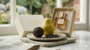 A darker-themed illustration of a fruity perfume for her, blended with deep floral notes like jasmine for evening wear.