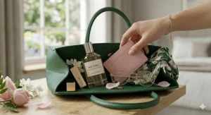 Flat lay of a small floral perfume bottle alongside a leather wallet and lipstick, perfect for a British woman's handbag.